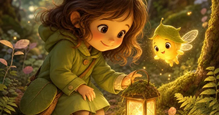 Lili kľačí pri machovej cestičke a usmieva sa na rozžiarený lesný lampášik, zatiaľ čo pri nej poletuje Svetlík.