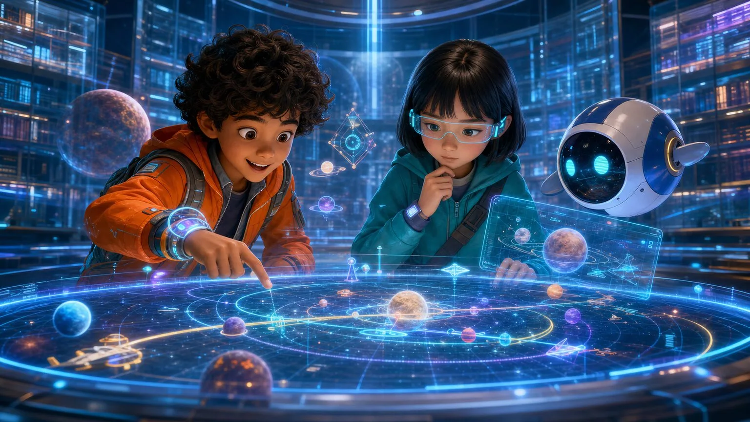 Robo, Ami a Pip sledujú veľký hologram vesmírnej hry s planétami a letovými dráhami.