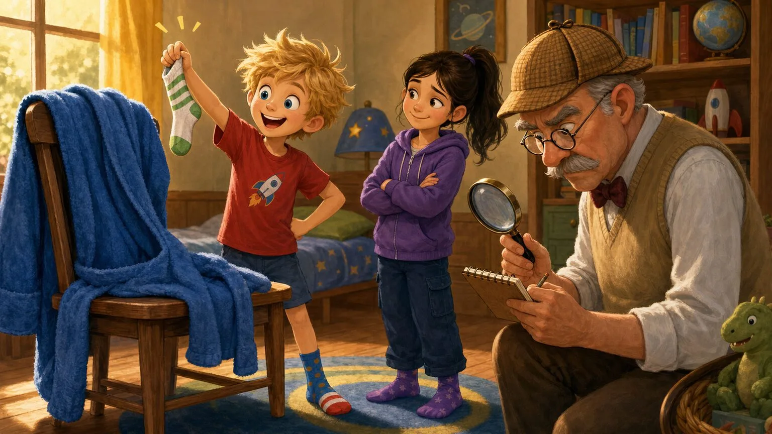 Max víťazne vyťahuje zeleno-prúžkovanú ponožku z vrecka modrého župana, Nina sa usmieva a dedo Fero si zapisuje poznámky.