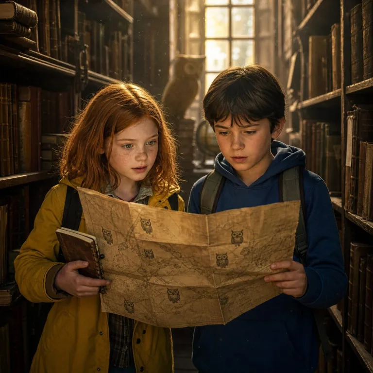 Ela a Tomáš držia v starej školskej knižnici tajomnú mapu so symbolmi sovy.