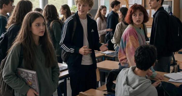 Trieda 8.B po oznámení nového zasadacieho poriadku, s Nelou, Kajou, Filipom a Adamom uprostred napätého, civilného preskupovania miest.