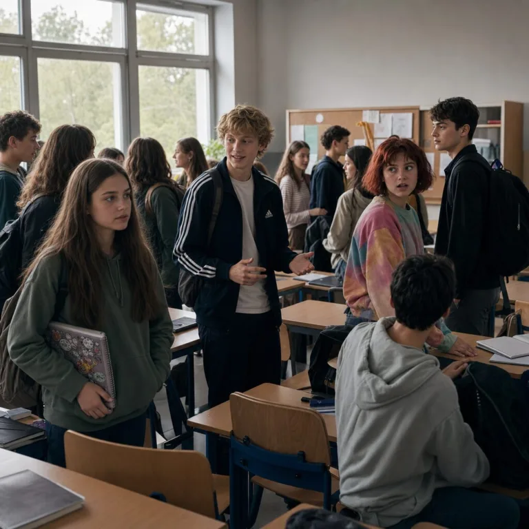 Trieda 8.B po oznámení nového zasadacieho poriadku, s Nelou, Kajou, Filipom a Adamom uprostred napätého, civilného preskupovania miest.