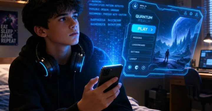 Denis sedí na posteli v izbe a nad mobilom sa mu vznáša modrý neónový kód.