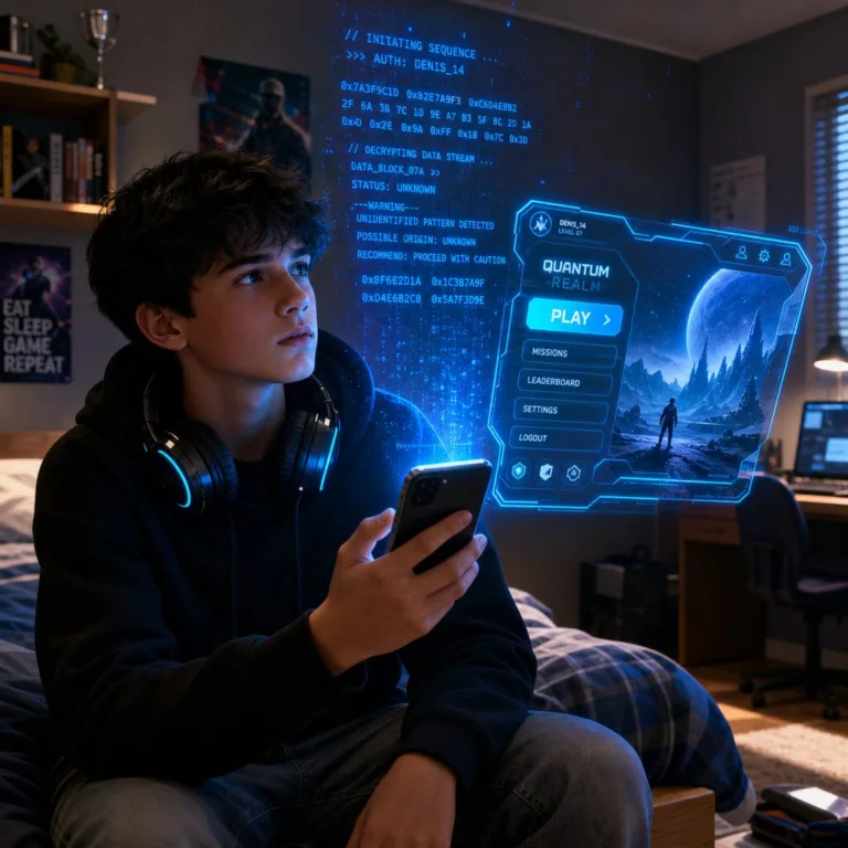 Denis sedí na posteli v izbe a nad mobilom sa mu vznáša modrý neónový kód.