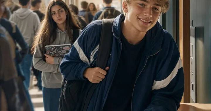 Filip stojí na školskej chodbe s núteným úsmevom a unavenými očami, zatiaľ čo Nela ho ticho sleduje s notesom v ruke.