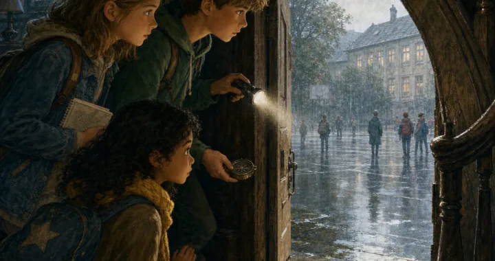 Tri deti stoja v dome pri malých dverách pod schodmi, za ktorými sa otvára daždivý školský dvor z minulosti.