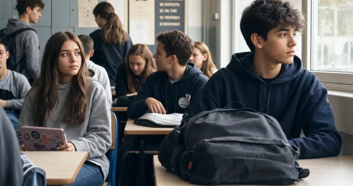 Adam sedí pri okne v triede 8.B, Nela ho z druhej strany ticho pozoruje a okolo nich je bežný školský ruch.