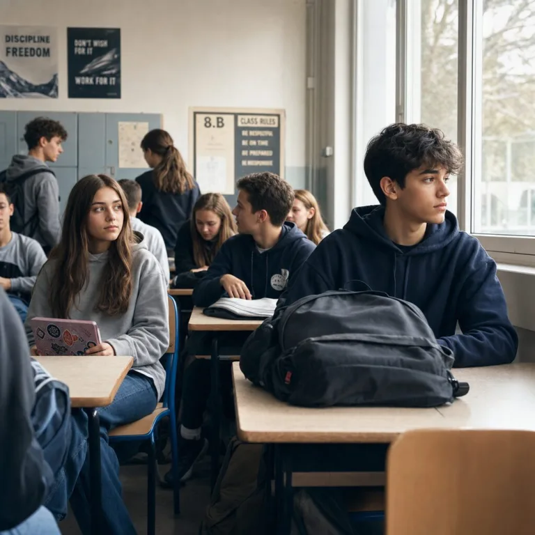 Adam sedí pri okne v triede 8.B, Nela ho z druhej strany ticho pozoruje a okolo nich je bežný školský ruch.