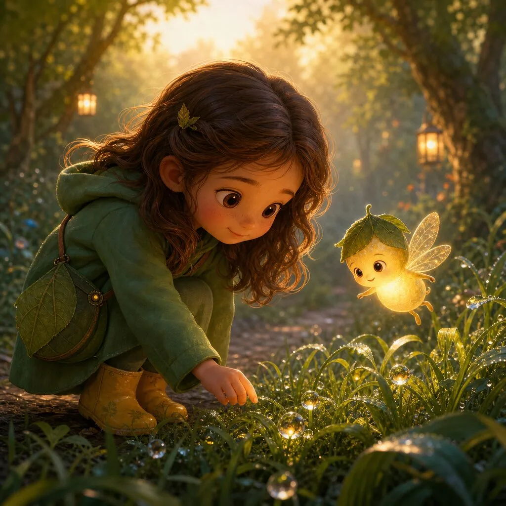 Lili sa skláňa k rose pri lesnom chodníčku, vedľa nej svieti Svetlík a kvapky odrážajú zlaté svetlo.