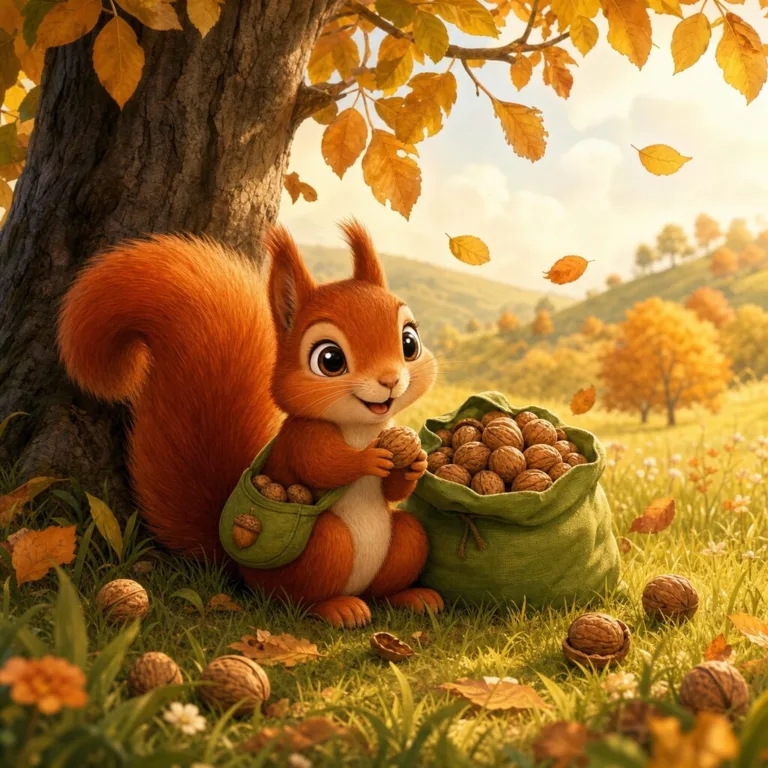 Veverička Líza sedí pod orechovým stromom s plným zeleným vrecúškom a okolo nej padajú jesenné listy.