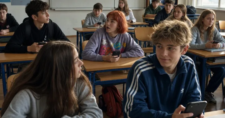 Trieda 8.B počas ranného oznamu o dni bez mobilov, so štyrmi tínedžermi v popredí a ľahkým napätím v miestnosti.
