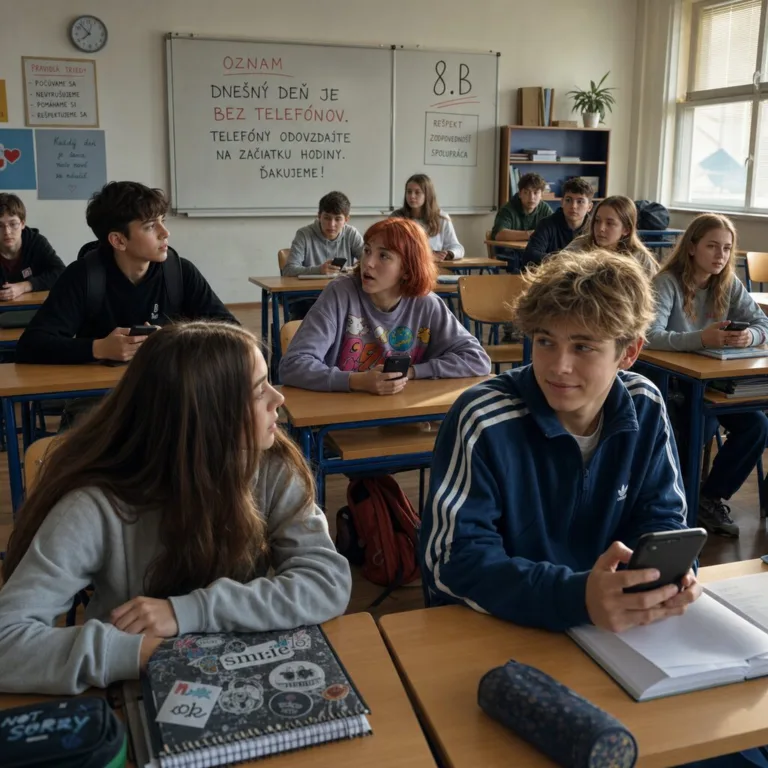 Trieda 8.B počas ranného oznamu o dni bez mobilov, so štyrmi tínedžermi v popredí a ľahkým napätím v miestnosti.