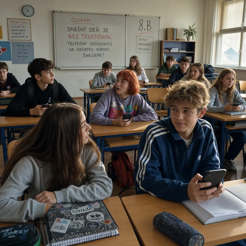 Trieda 8.B počas ranného oznamu o dni bez mobilov, so štyrmi tínedžermi v popredí a ľahkým napätím v miestnosti.