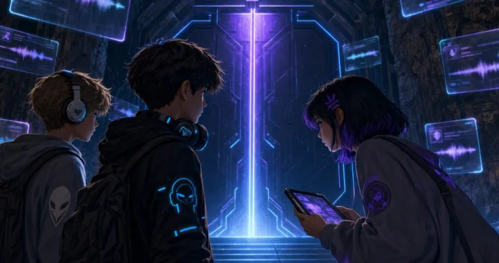 Denis, Mira a Samuel stoja pred žiariacimi dverami Archívu stratených hlasov v podzemnej hale plnej modrého svetla a hologramov.