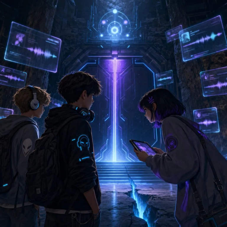Denis, Mira a Samuel stoja pred žiariacimi dverami Archívu stratených hlasov v podzemnej hale plnej modrého svetla a hologramov.