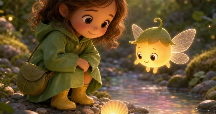 Lili a Svetlík stoja pri tichom potôčiku a pozerajú na malú lastúru, ktorá jemne svieti.