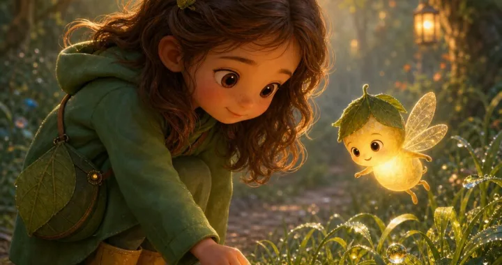 Lili sa skláňa k rose pri lesnom chodníčku, vedľa nej svieti Svetlík a kvapky odrážajú zlaté svetlo.