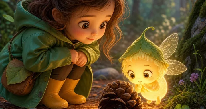 Lili a Svetlík sa skláňajú k šiške s malým zhasnutým lampášikom na lesnej cestičke.