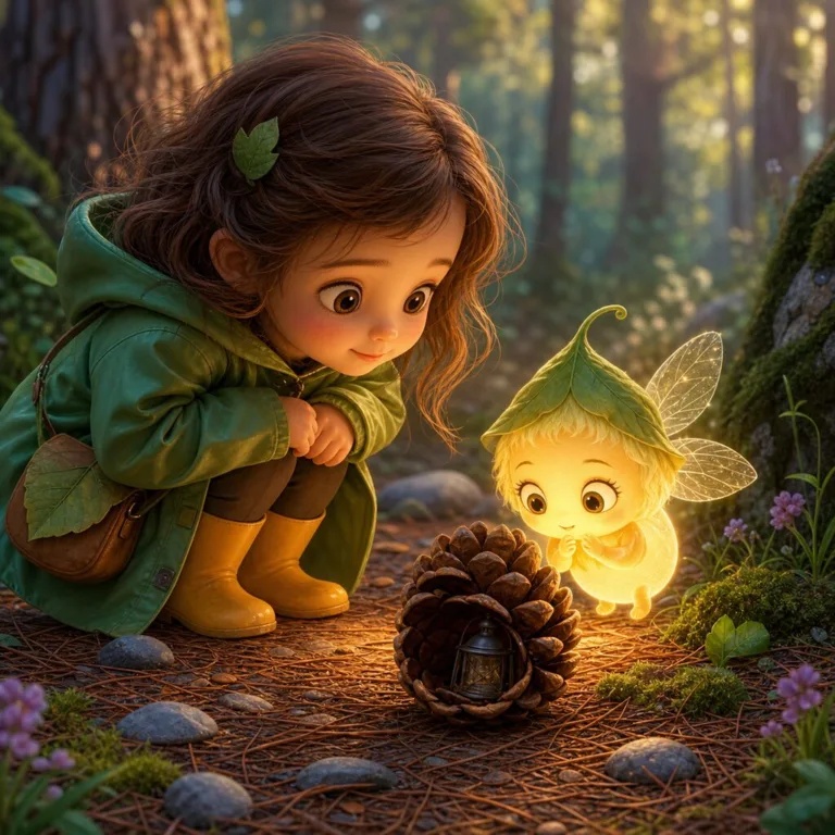 Lili a Svetlík sa skláňajú k šiške s malým zhasnutým lampášikom na lesnej cestičke.