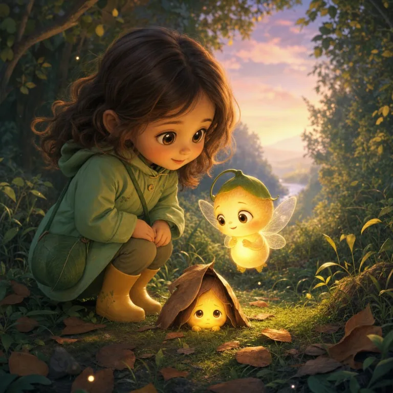 Lili v zelenom pršiplášti a Svetlík stoja pri okraji lesa pri smutnom malom svetielku pod listovou kapucňou.