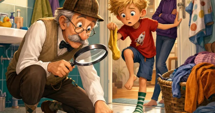 Dedo Fero skúma kúpeľňové dlaždice lupou, Max poskakuje s jednou ponožkou a Nina sa pobavene opiera o zárubňu.
