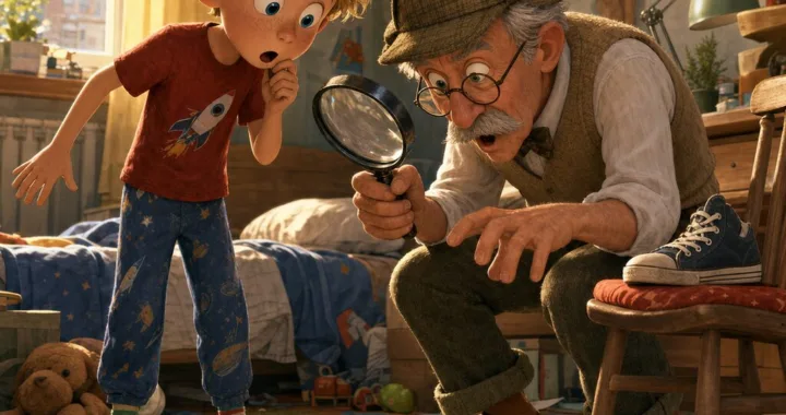 Max v pyžame sa prekvapene pozerá na otočené topánky, zatiaľ čo dedo Fero ich skúma lupou.