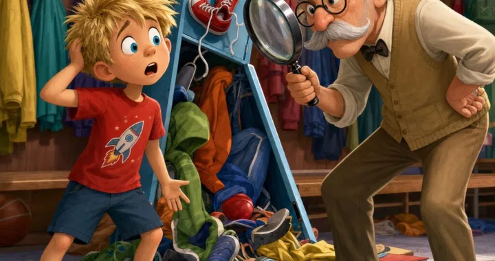 Max a dedo Fero stoja pred prevrátenou školskej skrinkou plnou rozhádzaných vecí v komickej detektívnej scéne.