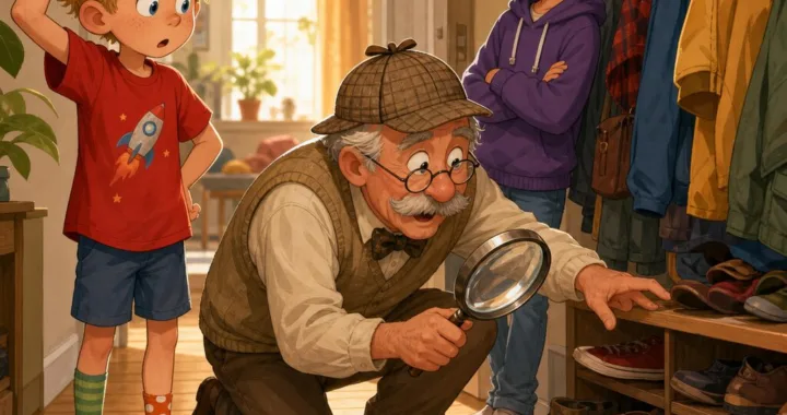 Max stojí v chodbe len v jednej topánke, dedo Fero kľačí s lupou pri botníku a Nina sa pozerá na rozhádzané veci s úsmevom.