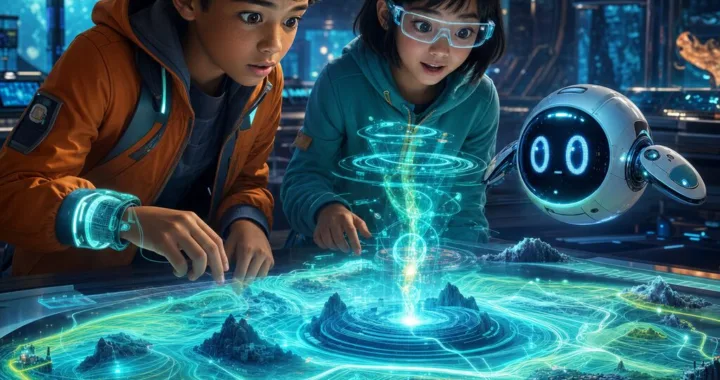 Robo, Ami a Pip stoja pri holografickej mape, ktorá sa prebúdza v laboratóriu.