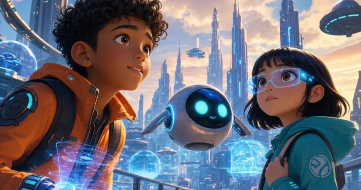 Robo, Ami a Pip stoja na strešnej lávke medzi futuristickými vežami, zatiaľ čo v oblakoch nad mestom bliká tajomný signál.