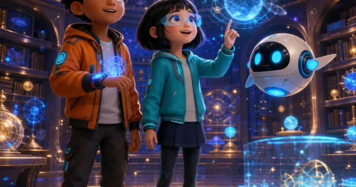 Robo, Ami a Pip stoja v tajnej kruhovej archívnej miestnosti plnej hviezdneho prachu a hologramov.