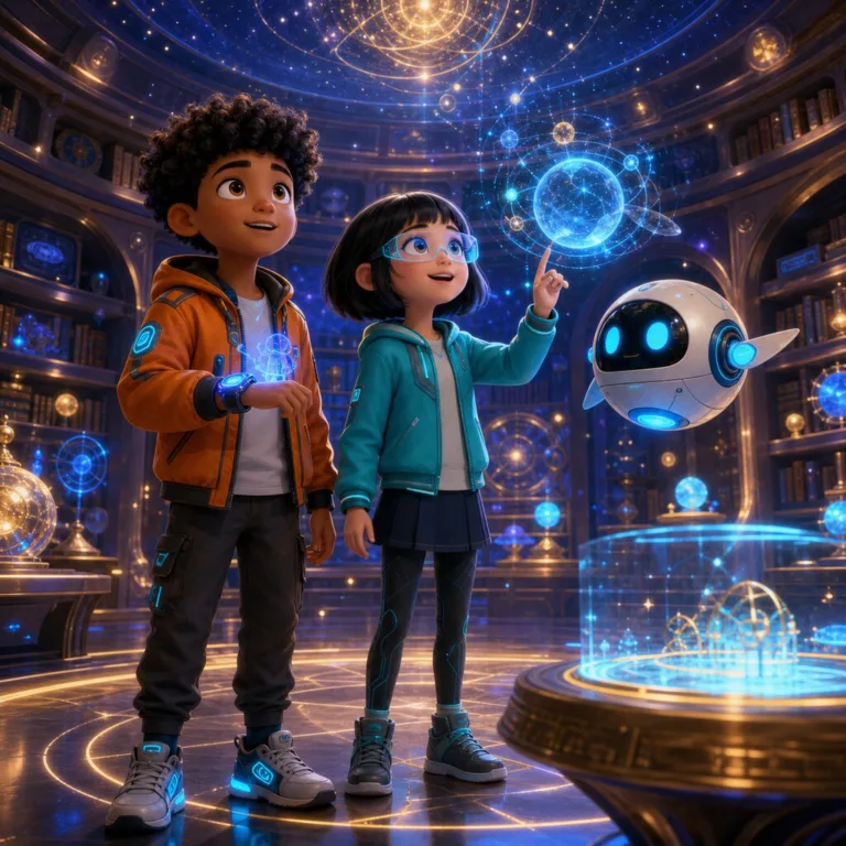 Robo, Ami a Pip stoja v tajnej kruhovej archívnej miestnosti plnej hviezdneho prachu a hologramov.