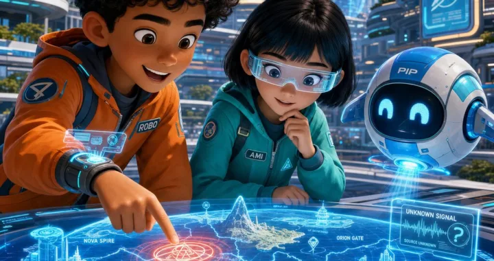 Robo, Ami a Pip stoja pri žiariacej holografickej mape v futuristickom meste a objavujú tajomný symbol.