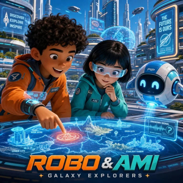 Robo, Ami a Pip stoja pri žiariacej holografickej mape v futuristickom meste a objavujú tajomný symbol.