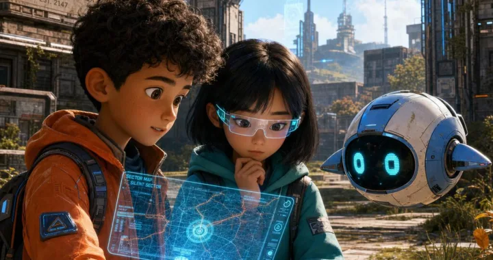 Robo, Ami a Pip stoja pri tichom vstupe do starého výskumného areálu s rozžiarenou holografickou mapou.