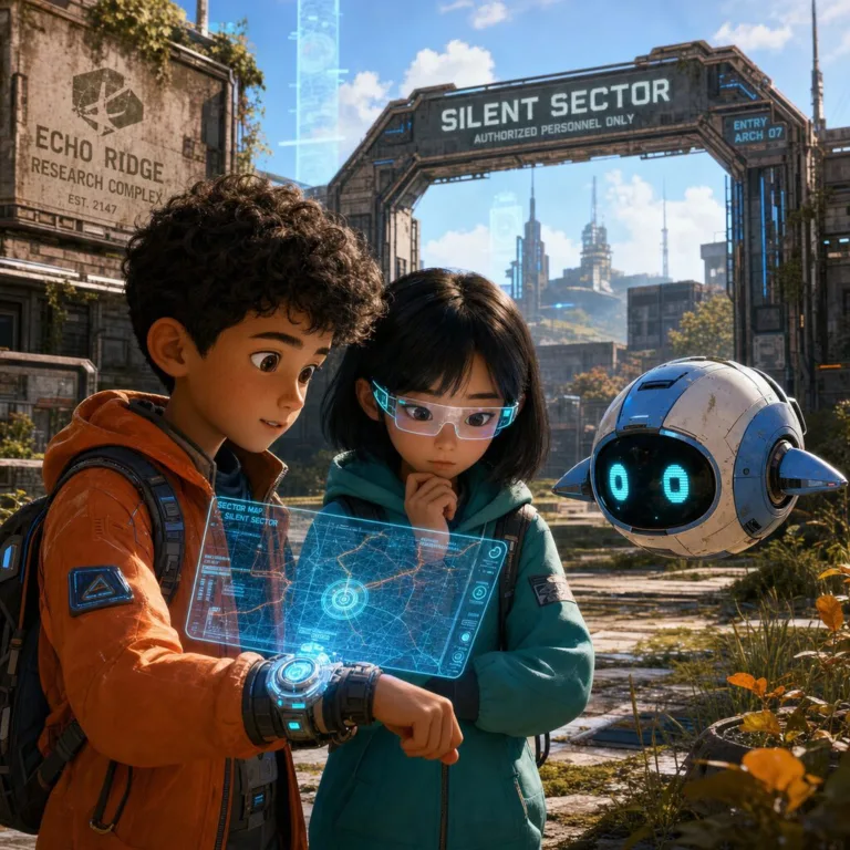 Robo, Ami a Pip stoja pri tichom vstupe do starého výskumného areálu s rozžiarenou holografickou mapou.
