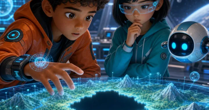 Robo, Ami a robot Pip sa pozerajú na holografickú mapu s veľkou dierou v dátach vo futuristickej miestnosti.