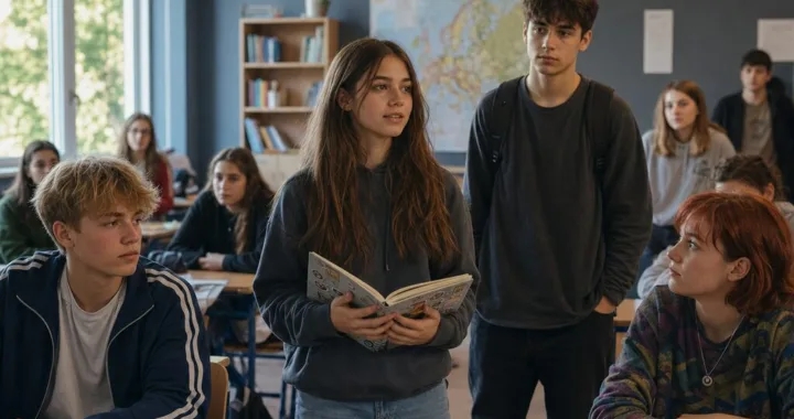 Nela stojí v strede triedy s otvoreným zápisníkom, zatiaľ čo Filip, Kaja, Adam a trieda 8.B ju ticho počúvajú.