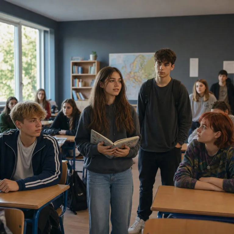 Nela stojí v strede triedy s otvoreným zápisníkom, zatiaľ čo Filip, Kaja, Adam a trieda 8.B ju ticho počúvajú.