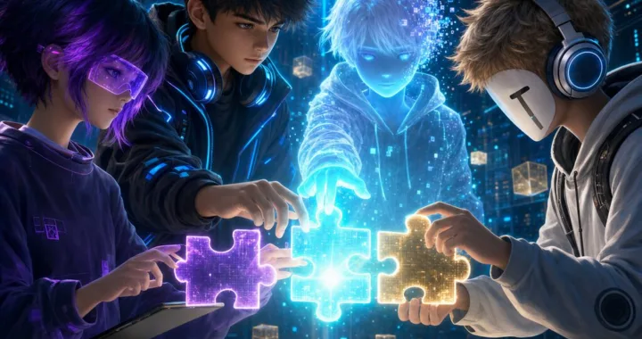 Denis, Mira, Samuel a Echo skladajú svietiacu vetu v jadre servera s neónovým pozadím.