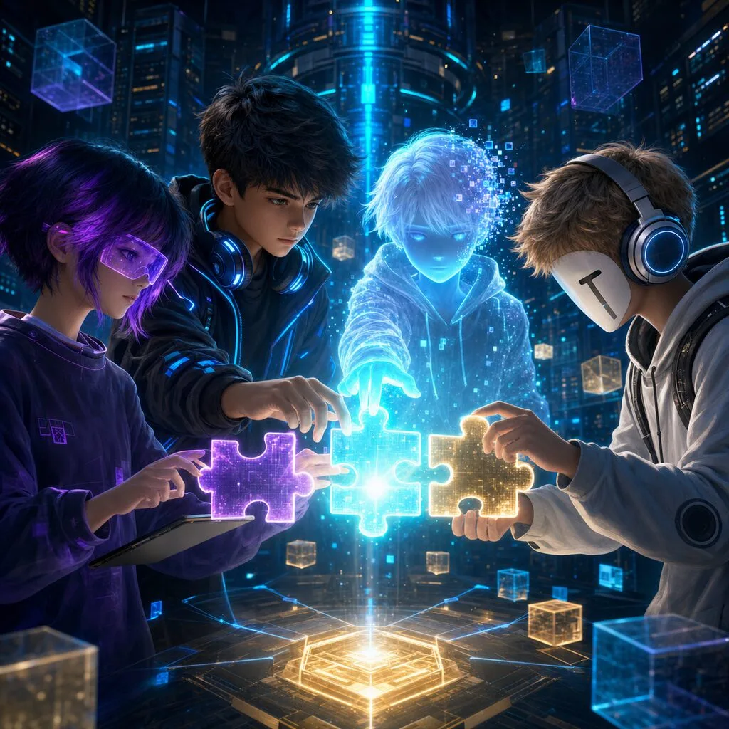 Denis, Mira, Samuel a Echo skladajú svietiacu vetu v jadre servera s neónovým pozadím.