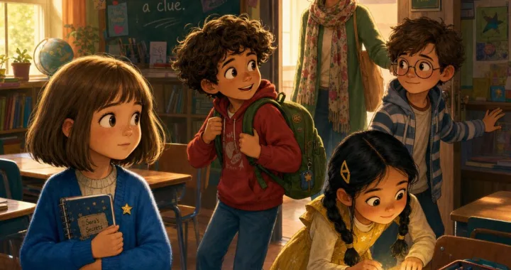 Sára, Leo, Ema a Tobi stoja v tichej triede pri jemne žiariacej stope, zatiaľ čo pani učiteľka Milá vchádza dnu.