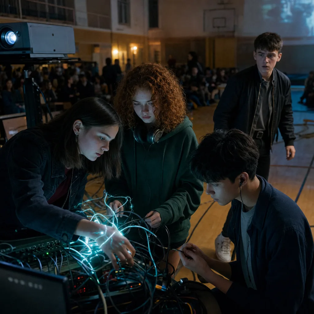 Štyria tínedžeri pri technickom stole v školskej aule, Lea ovláda jemný cyanový prúd, Tami drží tiché pole, Viktor pracuje s káblom a Denis stojí otrasený vzadu.